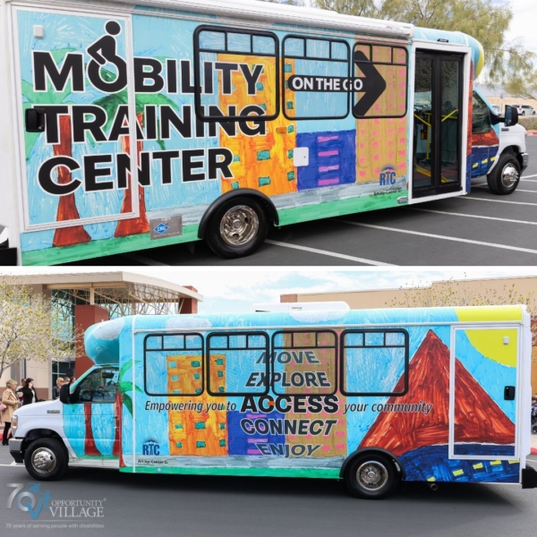 two colorful transit buses with the text 'mobility training center' on them
