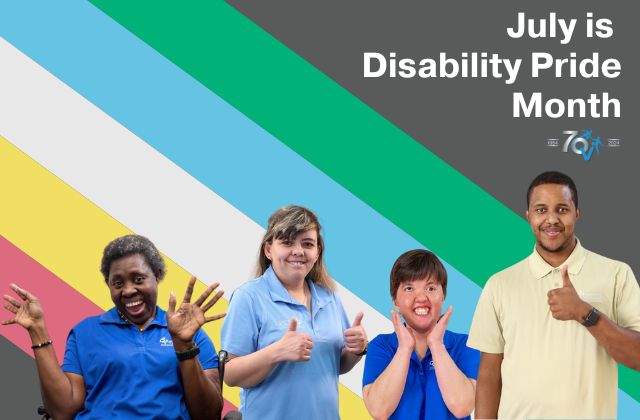 four people making happy hand gestures with a brightly colored background and the text 'July is disability pride month'