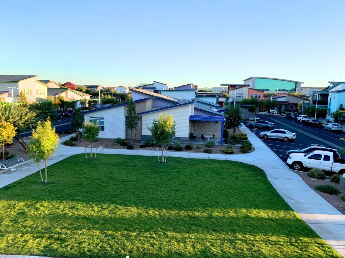 overhead view of a neighborhood of houses