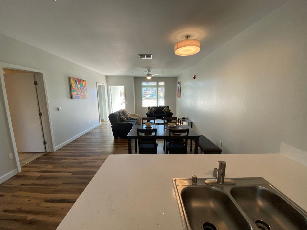 view of a small living room from a kitchen