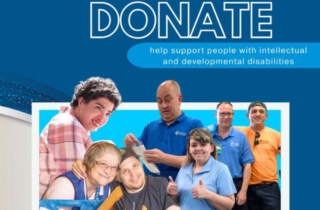 photo of a collage of people with the text 'donate, help support people with intellectual and developmental disabilities