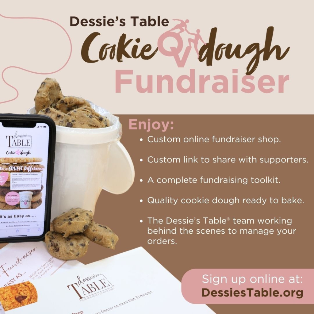 infographic about Dessie's Table cookie dough fundraiser program in las vegas with a photo of a mobile phone and a tub of cookies