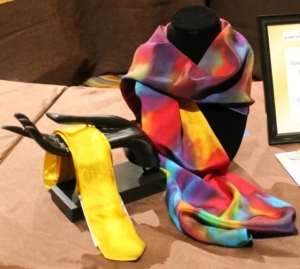 hand dyed silk scarf and tie on display