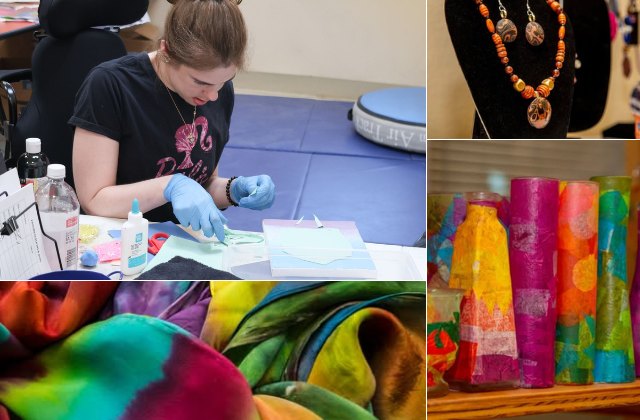 person working on a craft project with images of completed crafts in a collage