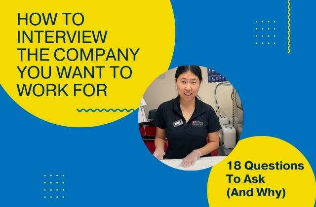 image of an employee at a hotel with the text "How to interview the company you want to work for - 18 questions to ask (and why)".