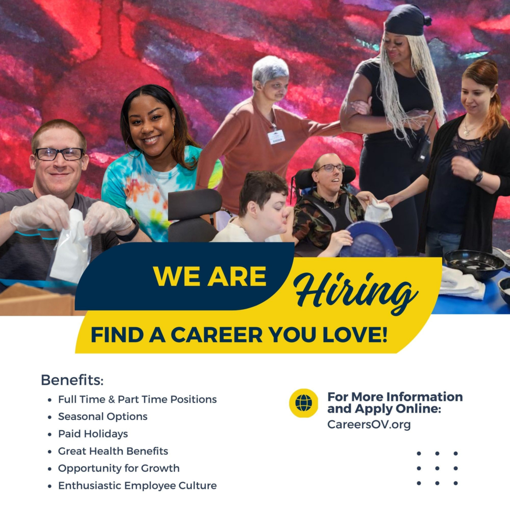 collage of different people doing activities, the text 'we are hiring, find a career you love' with bullet points about working at a nonprofit below.